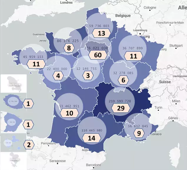 Répartition géographique de l’ensemble des projets Compétences et Métiers d’Avenir - Saison 1 & 2 (Région du chef de file porteur du projet)