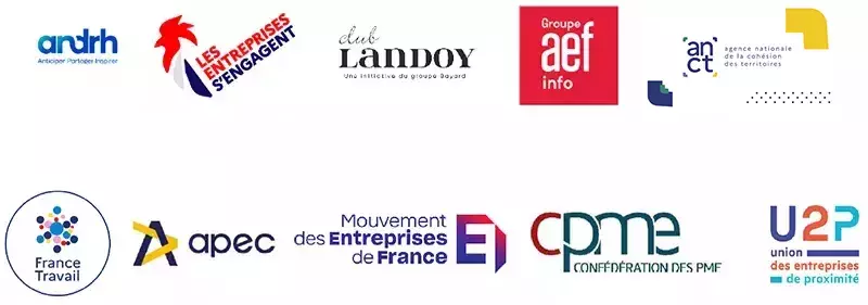 ANDRH, Les entreprises s'engagent, Club Landoy, Groupe AEF info, ANCT, France Travail, APEC, Mouvement des entreprises de France, CPME, confédération des PME, U2P, union des entreprises de proximité